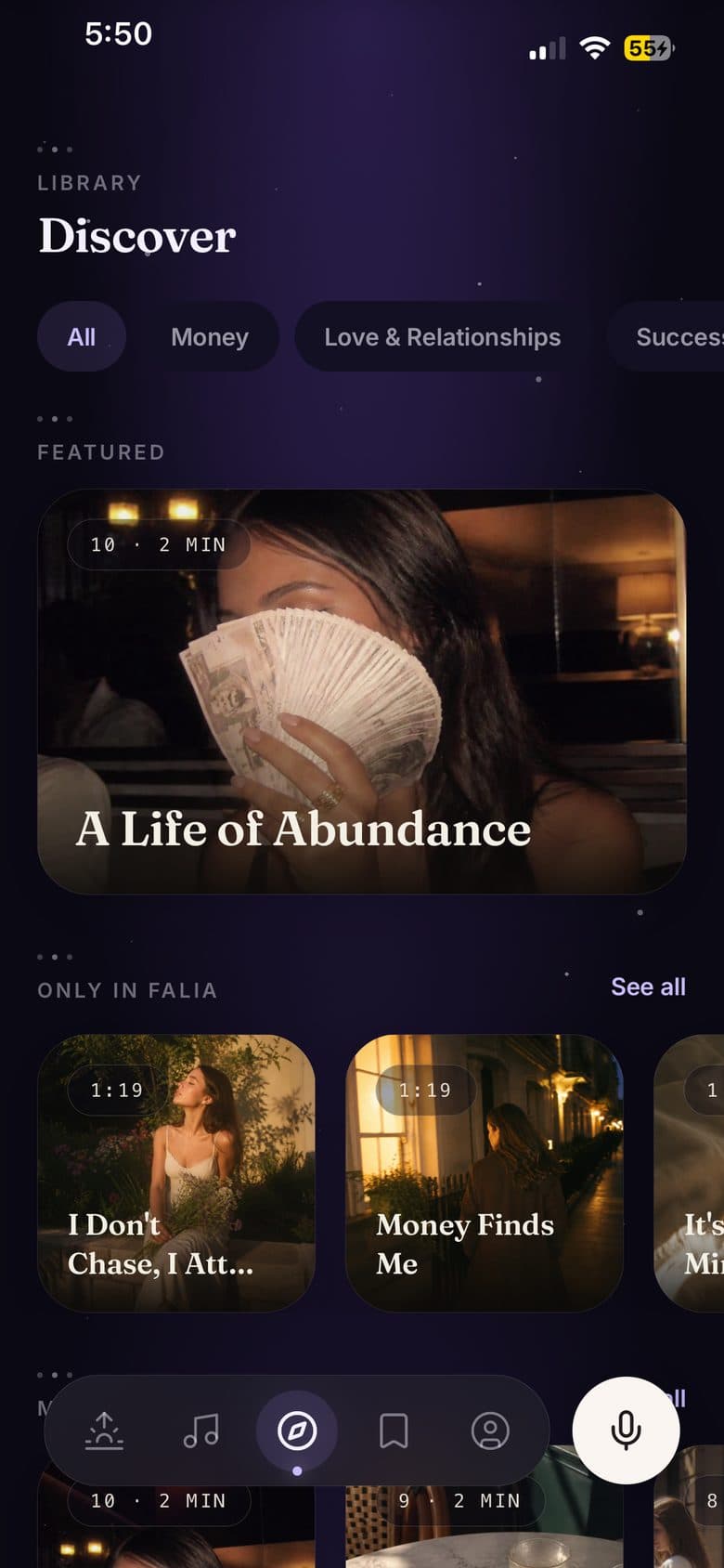 The Discover library at night: a featured affirmation playlist over a photograph, a songs shelf, and more sets by life area.