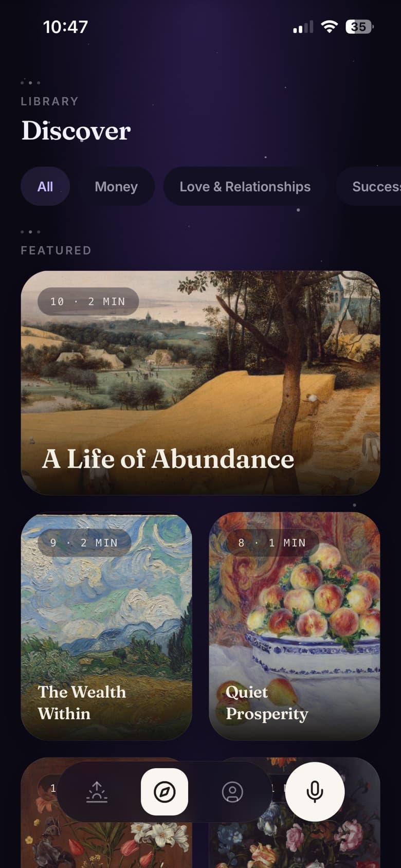 The Discover library: a featured affirmation playlist over a classical painting, and a mosaic of more by life area.