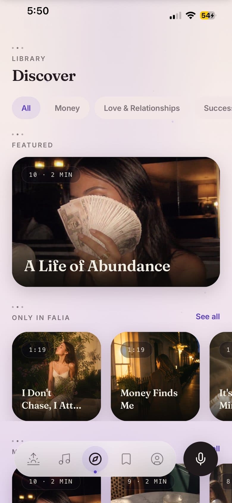 The Discover library in the Dawn theme, filtered by life area: money, love, success and more.