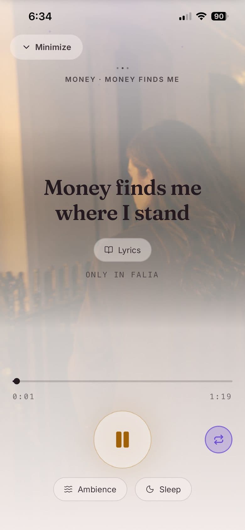 The player: a sung affirmation over calm sound, with its lyrics, background ambience and a sleep timer.