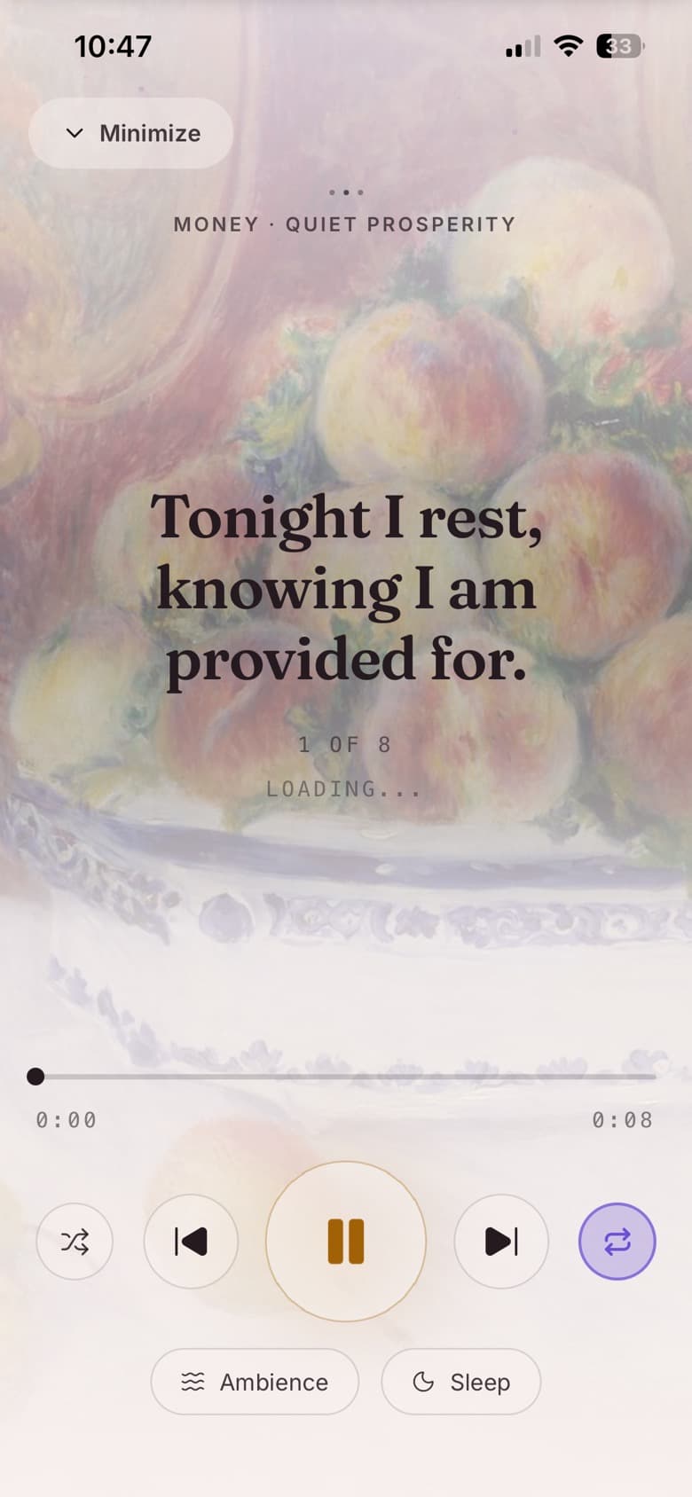 The player: an affirmation spoken over calm sound, with background ambience and a sleep timer.