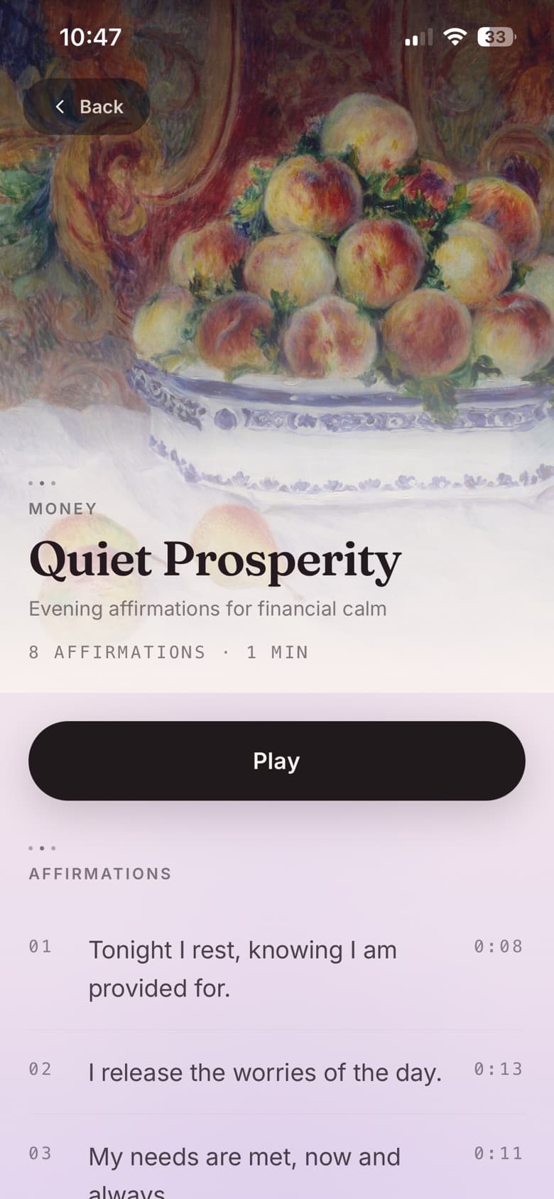A playlist of affirmations with a classical painting cover and a Play button.