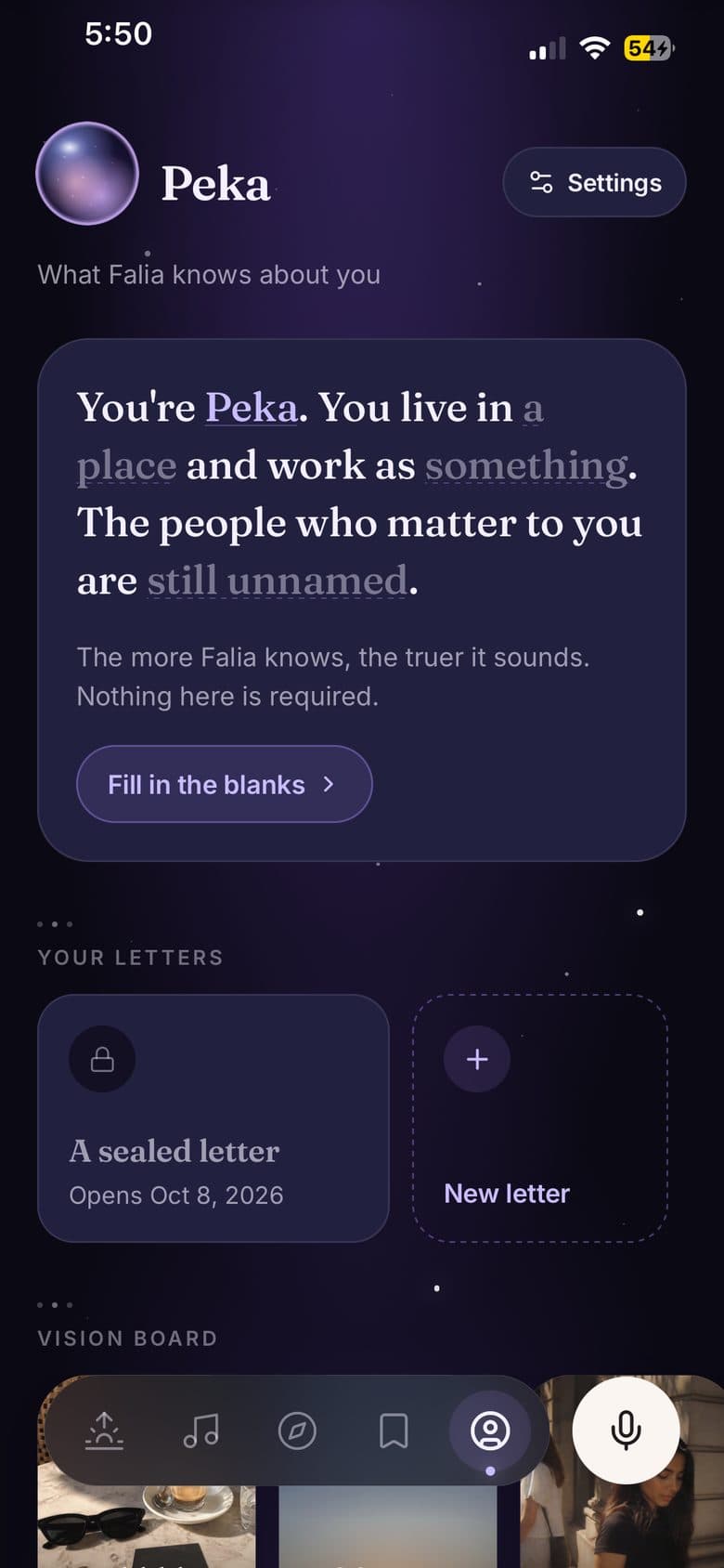 The You tab at night: what Falia knows about you, your sealed letters and your vision board.