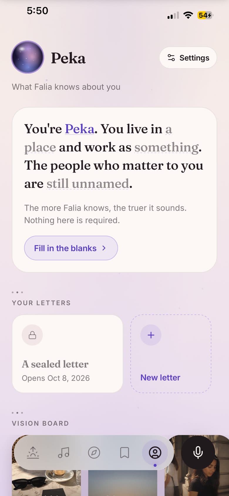 The You tab in the Dawn theme: a short profile you fill in, a letter sealed until a future date, and a vision board of photographs.