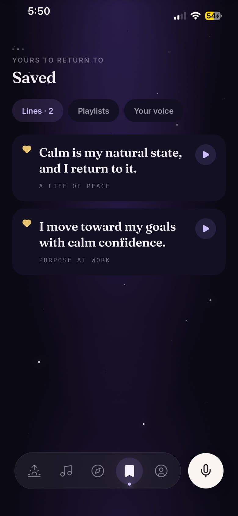 The Saved tab at night: the affirmations you hearted, with tabs for your playlists and the sets in your own voice.