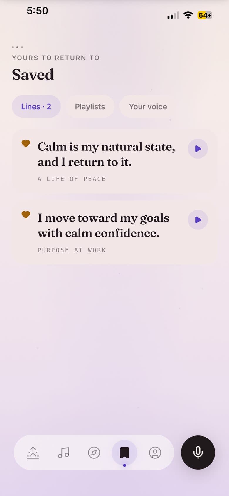 The Saved tab in the Dawn theme: a hearted affirmation ready to play again.