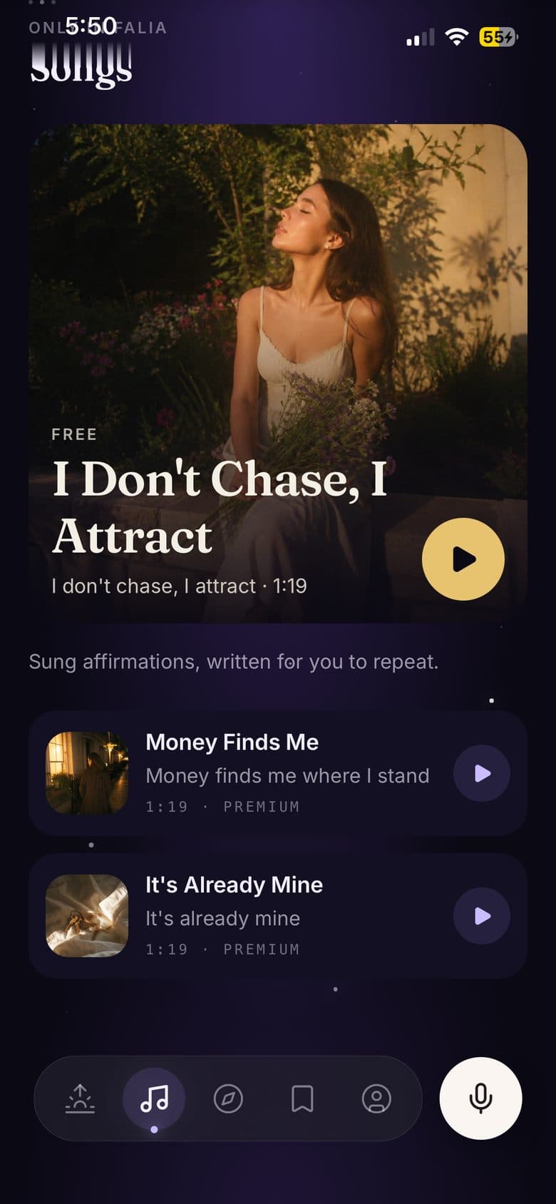 The Songs tab at night: a featured sung affirmation with a large play button, and a list of more songs below it.