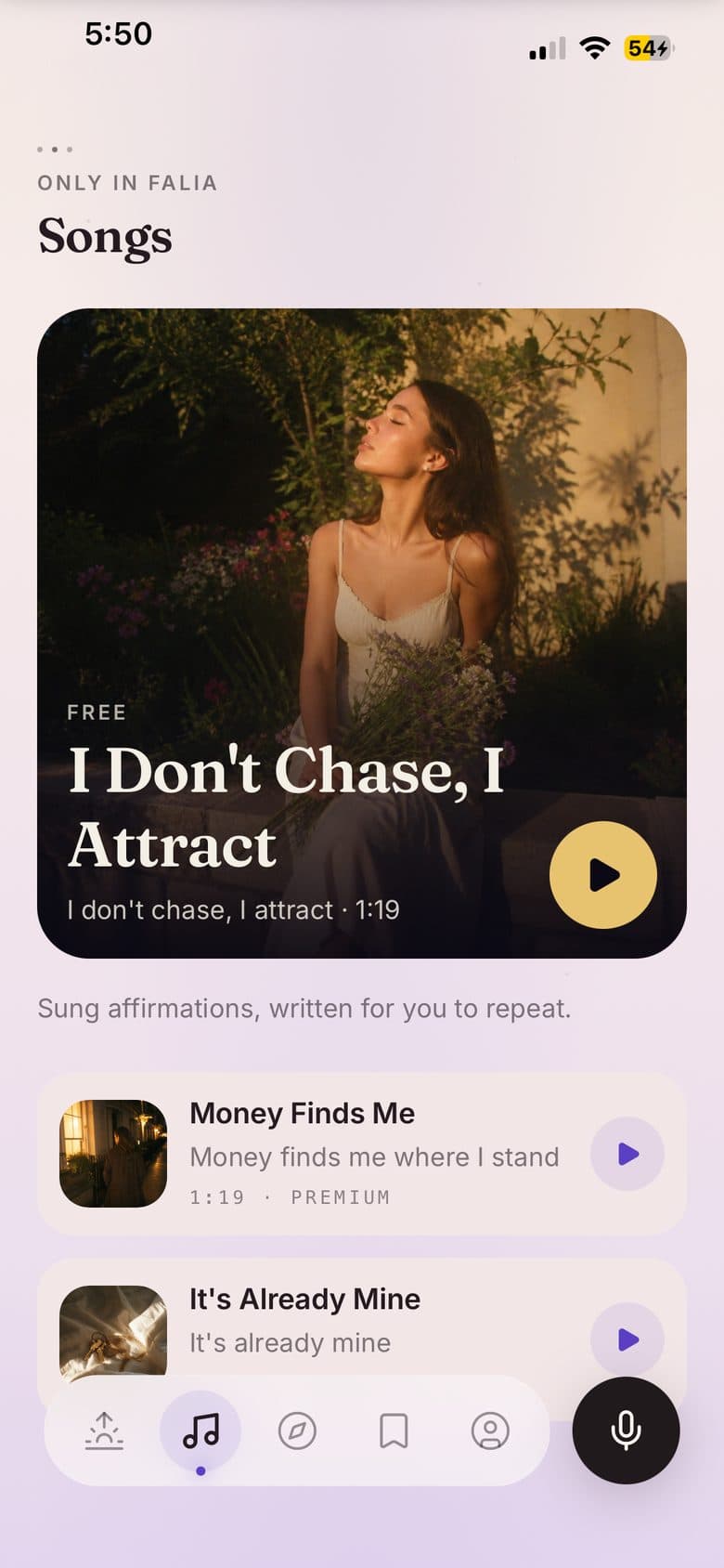 The Songs tab in the Dawn theme: sung affirmations written for you to repeat, one of them free.