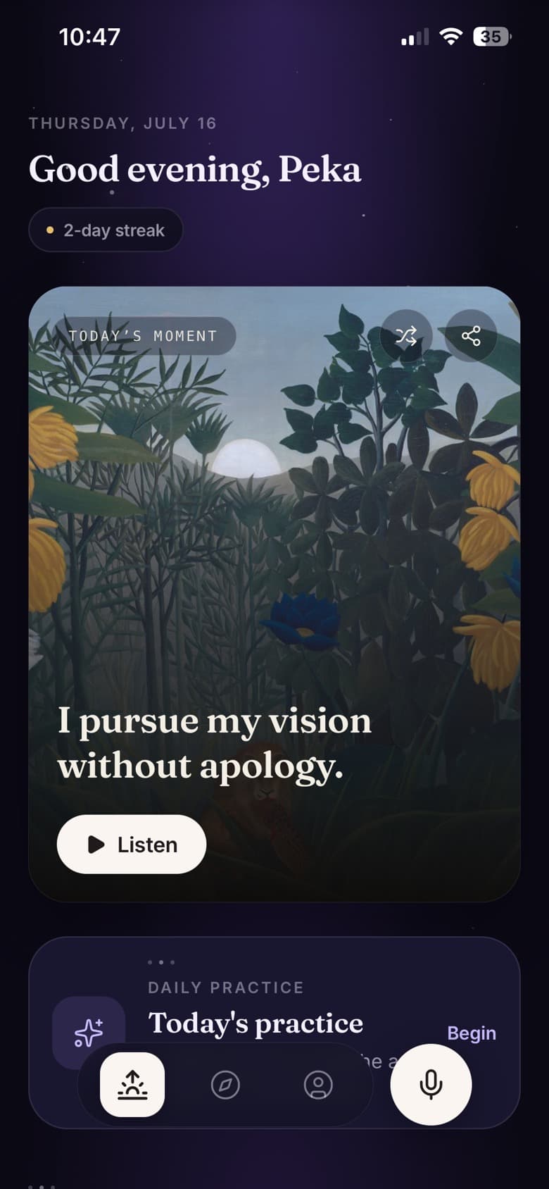The Today screen: a warm greeting and the day's affirmation set over a classical painting, with a Listen button and the daily practice.