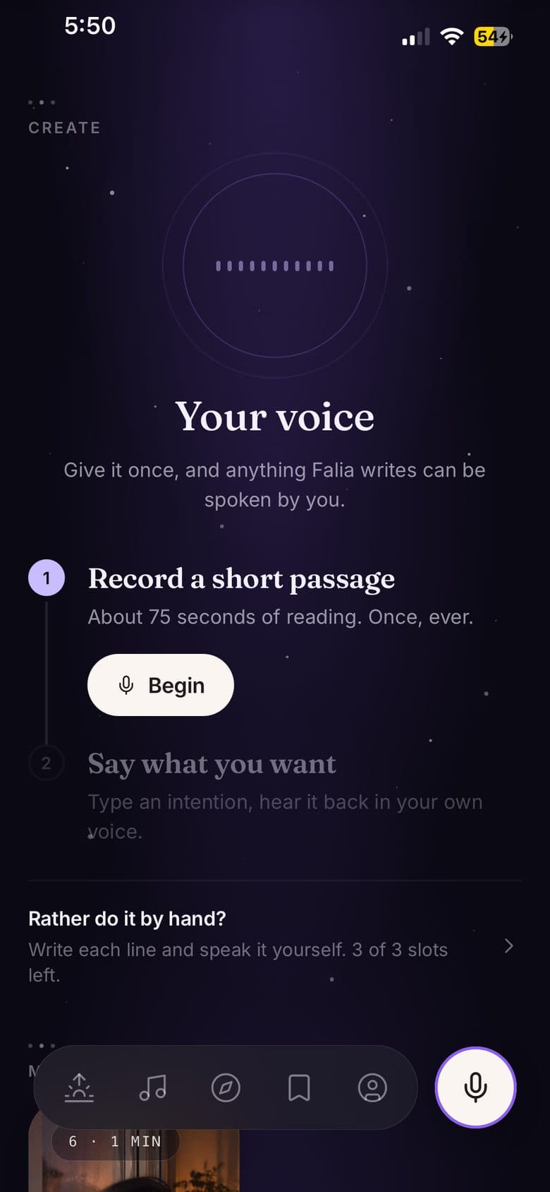 The Your voice screen at night: record a short passage once, then hear anything Falia writes spoken by you.