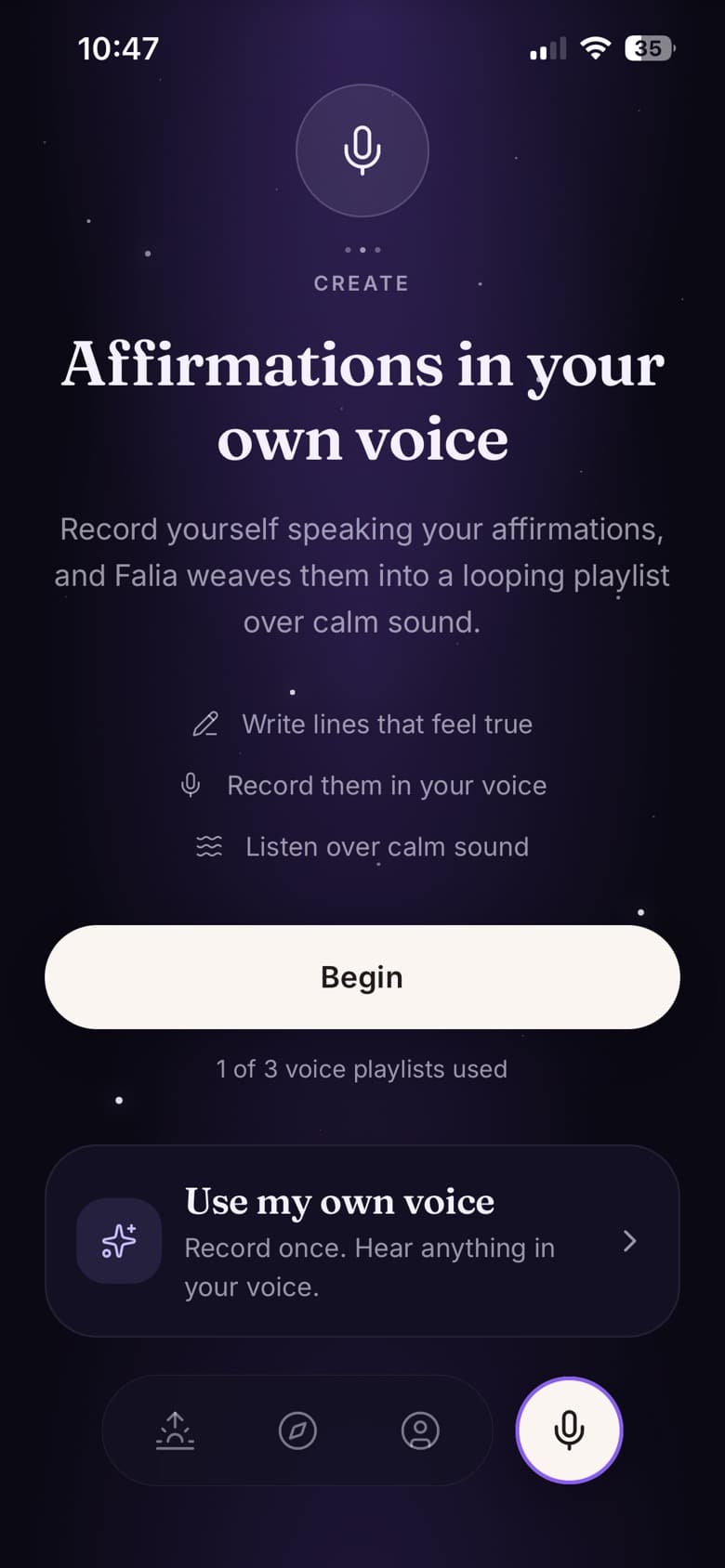 The record screen: affirmations in your own voice, woven into a looping playlist over calm sound.