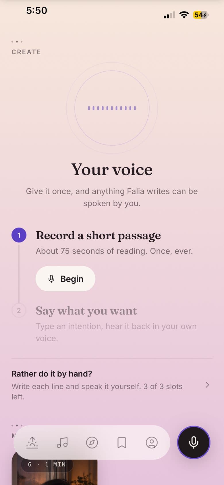 The Your voice screen in the Dawn theme, with the two steps: record a passage, then say what you want.
